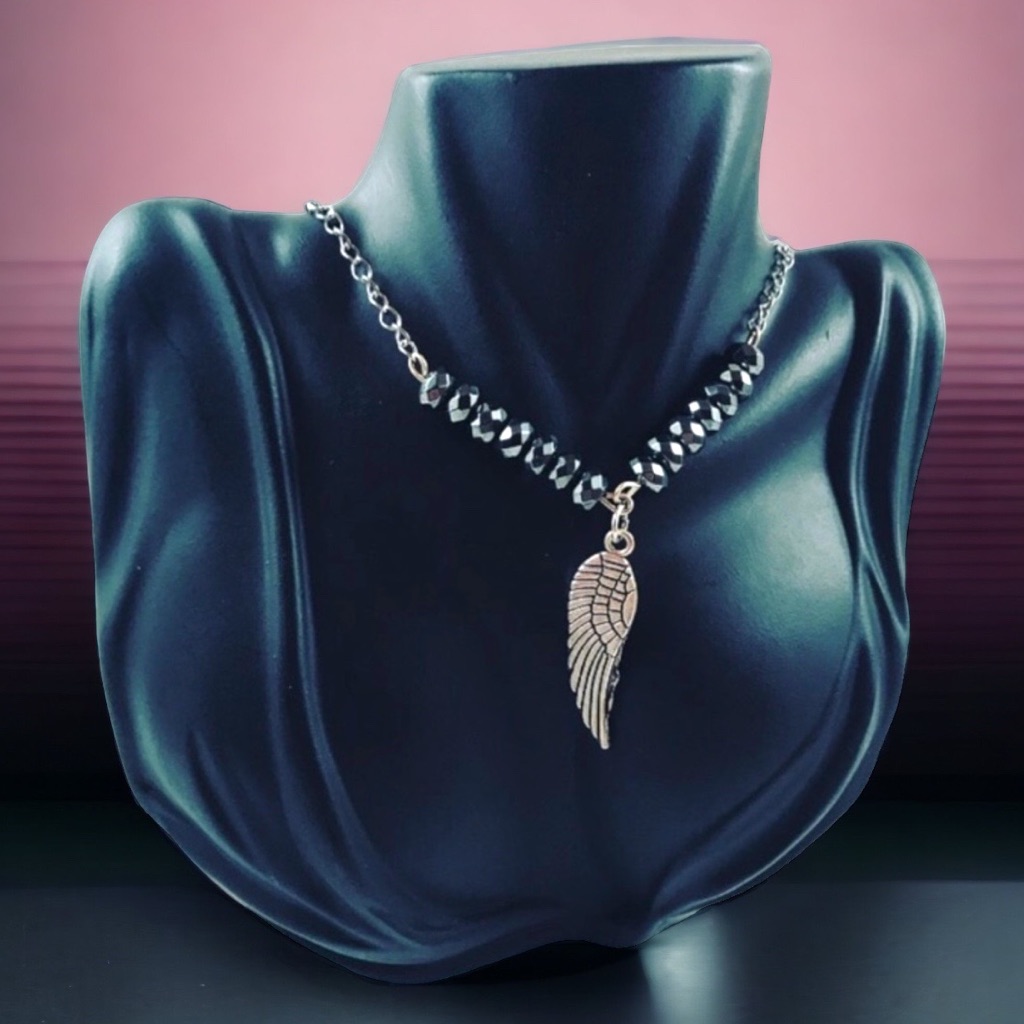 Hematite Angel Wing Steel Necklace + Earrings